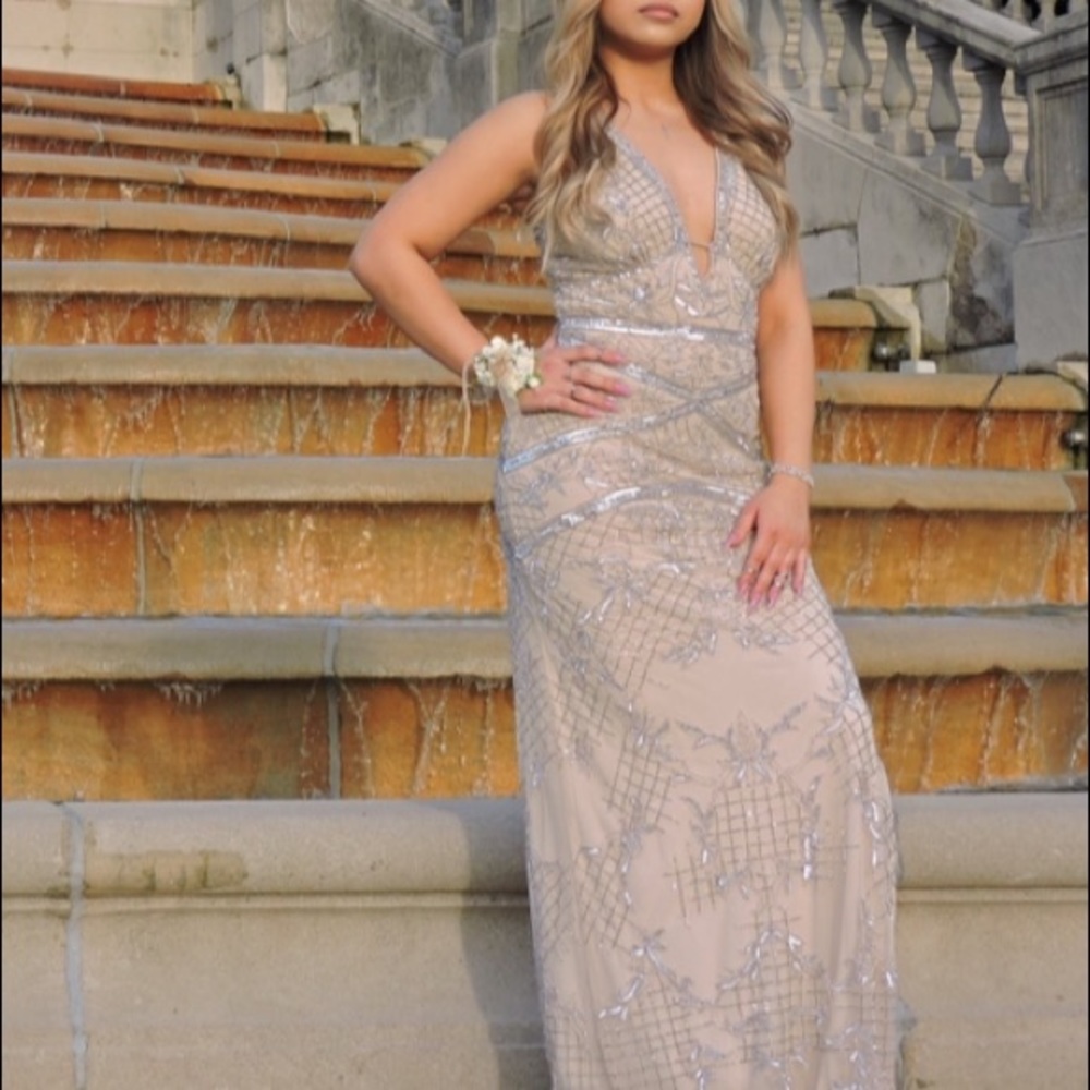 Nude Beaded Pattern Slit Prom Dress